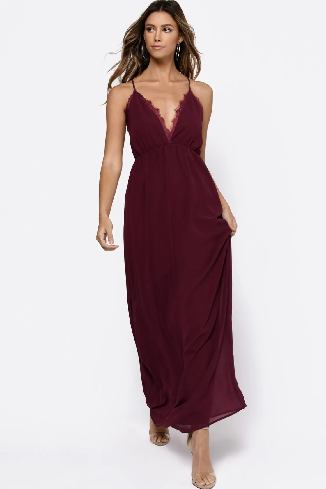 Tobi Abegayle Lace Trim Cross Back Maxi Dress - Taupe
