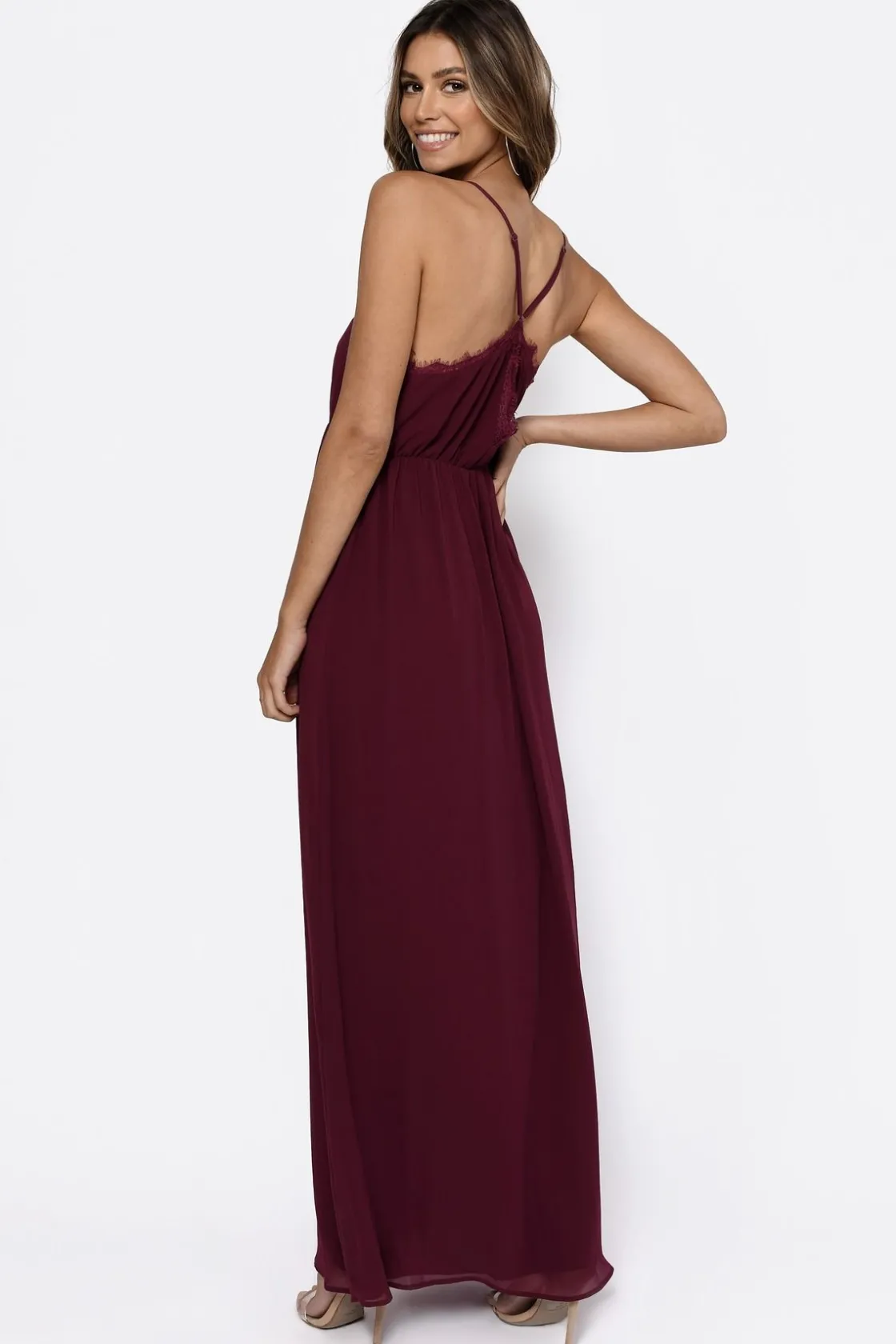 Tobi Abegayle Lace Trim Cross Back Maxi Dress - Taupe