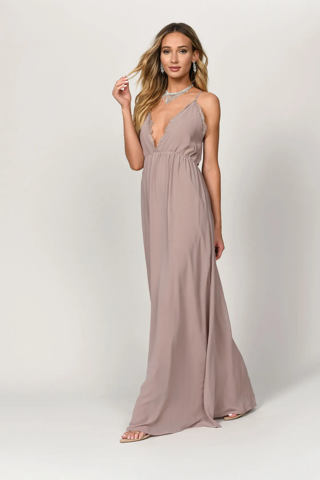 Tobi Abegayle Lace Trim Cross Back Maxi Dress - Taupe
