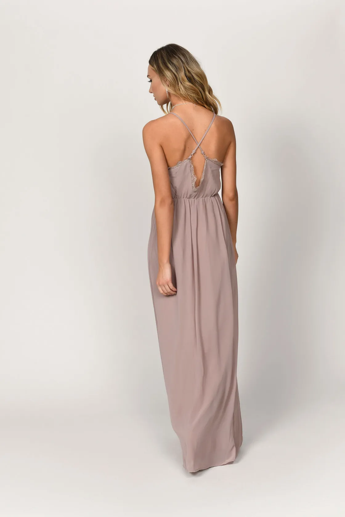 Tobi Abegayle Lace Trim Cross Back Maxi Dress - Taupe