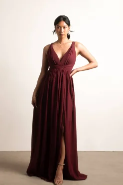 Tobi All I Ever Need Deep V High Slit Maxi Dress - Burgundy