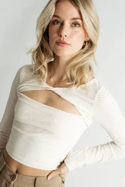 Tobi All Yours Ivory Twist Front Long Sleeve Crop Top
