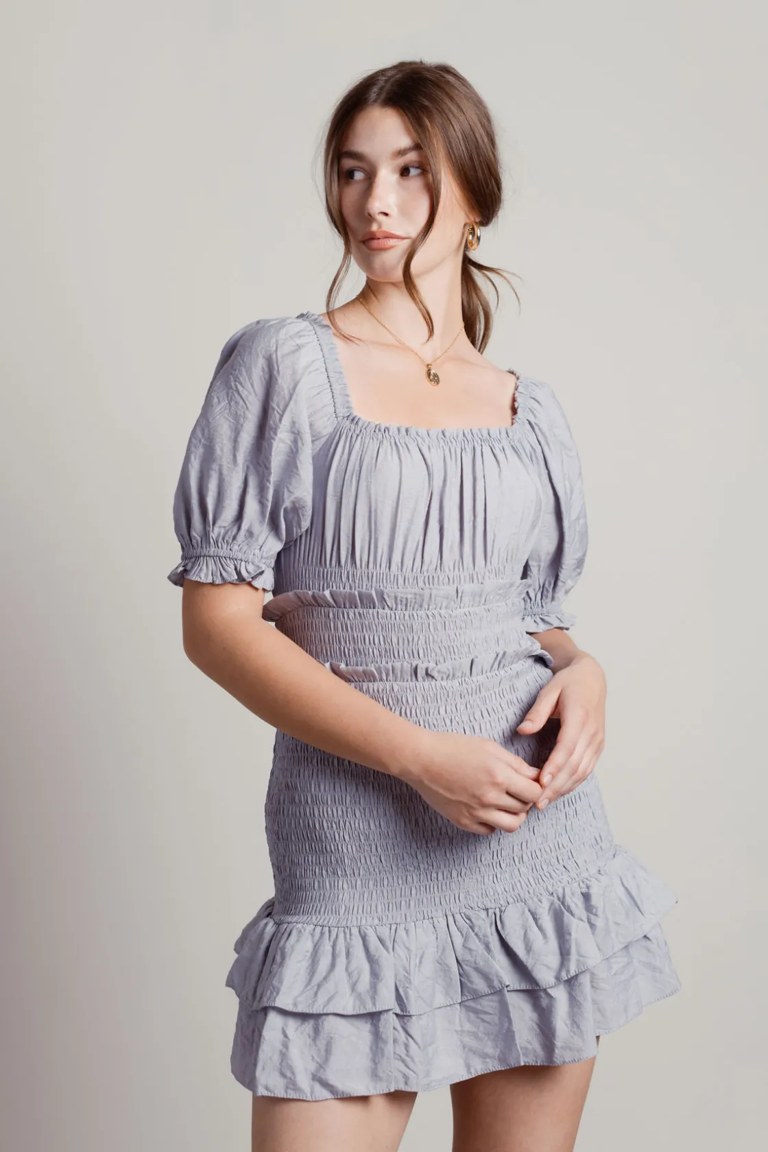 Tobi Almost Love Smocked Tiered Mini Dress -