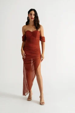 Tobi Angelina Black Mesh Off Shoulder Asymmetrical Midi Dress