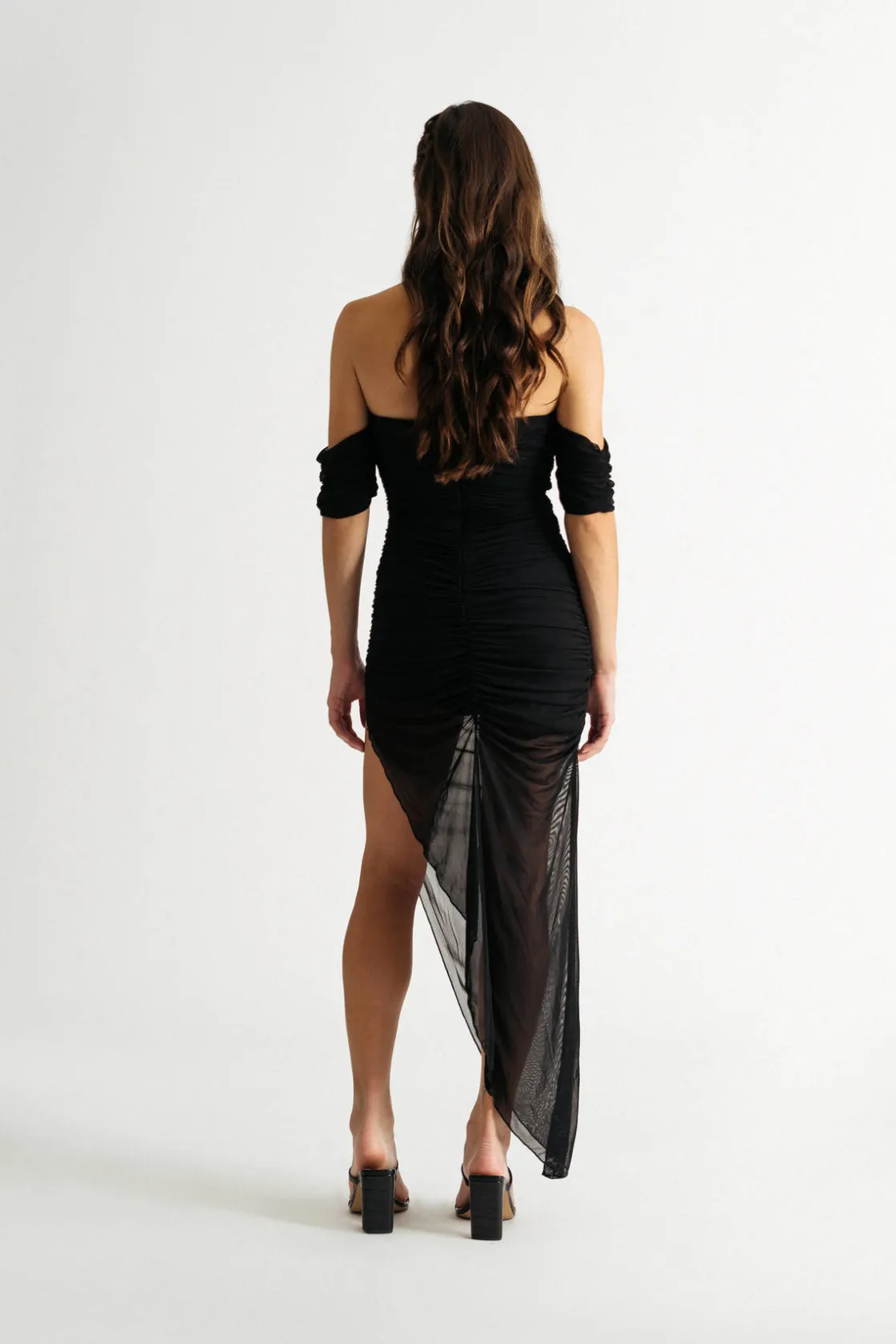 Tobi Angelina Black Mesh Off Shoulder Asymmetrical Midi Dress