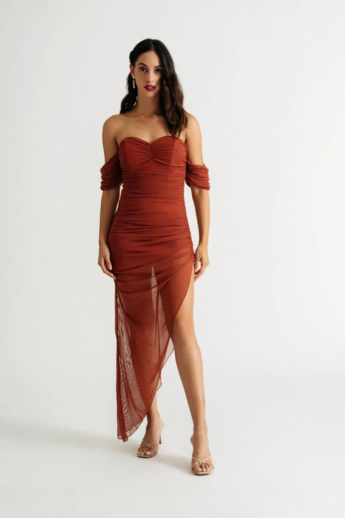 Tobi Angelina Black Mesh Off Shoulder Asymmetrical Midi Dress