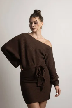 Tobi Arabelle Off The Shoulder Sweater Mini Dress - Chocolate