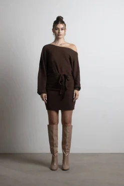 Tobi Arabelle Off The Shoulder Sweater Mini Dress - Chocolate