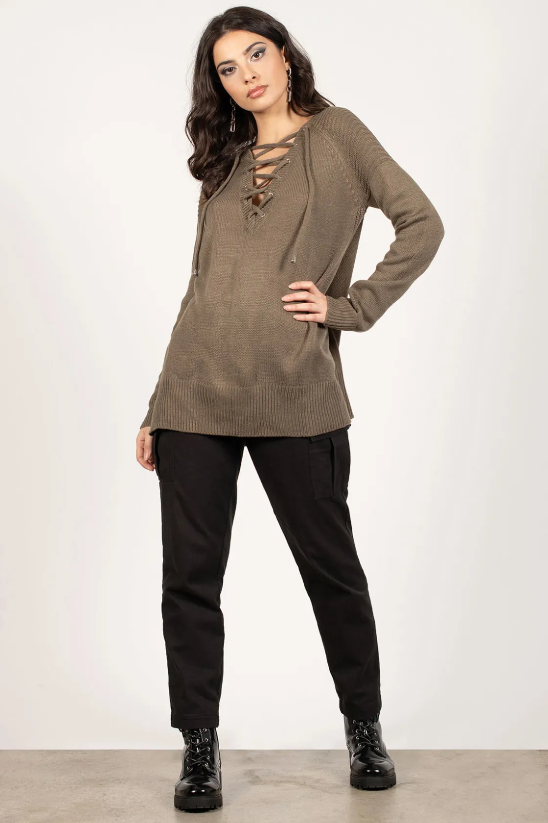 Tobi Be On My Side Lace Up Sweater - Olive
