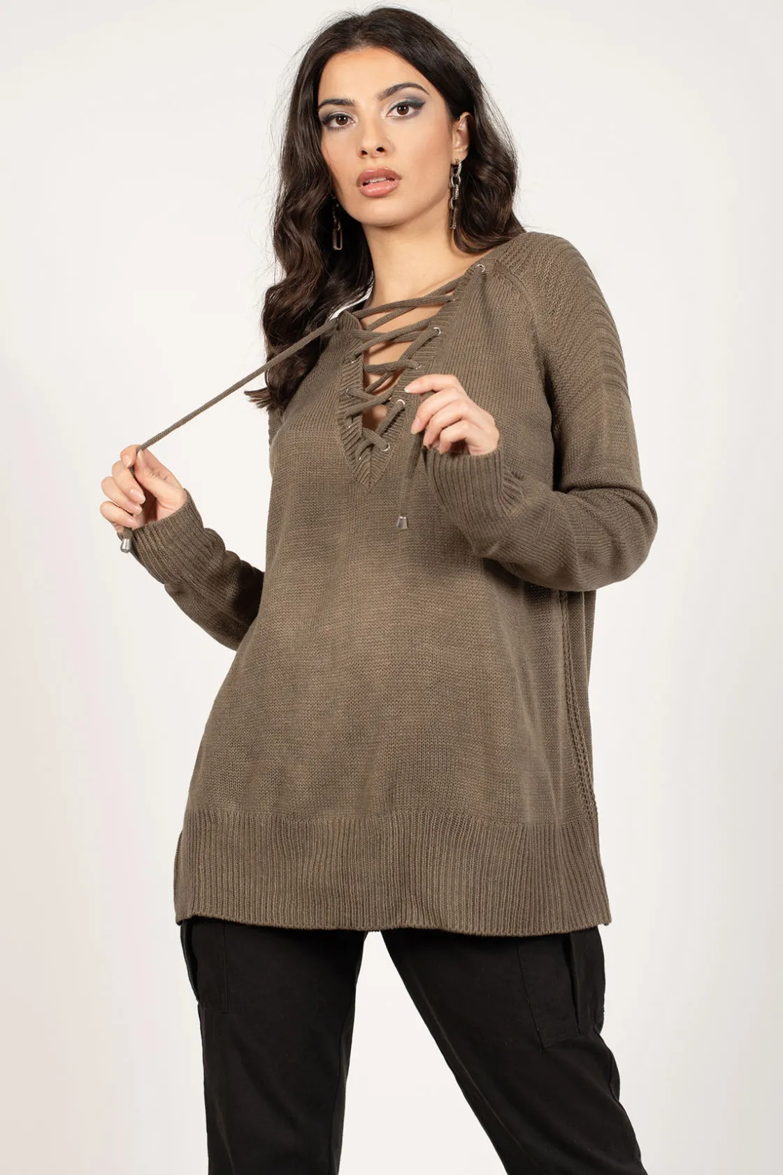 Tobi Be On My Side Lace Up Sweater - Olive