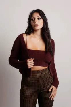 Tobi Beatrice Fuzzy Crop Top And Cardigan Set - Black