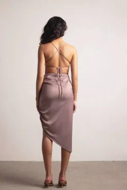 Tobi Blush Away Black Satin Asymmetrical Backless Midi Dress