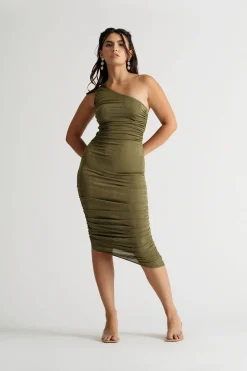 Tobi Breanna Asymmetrical Bodycon Midi Dress - Brown