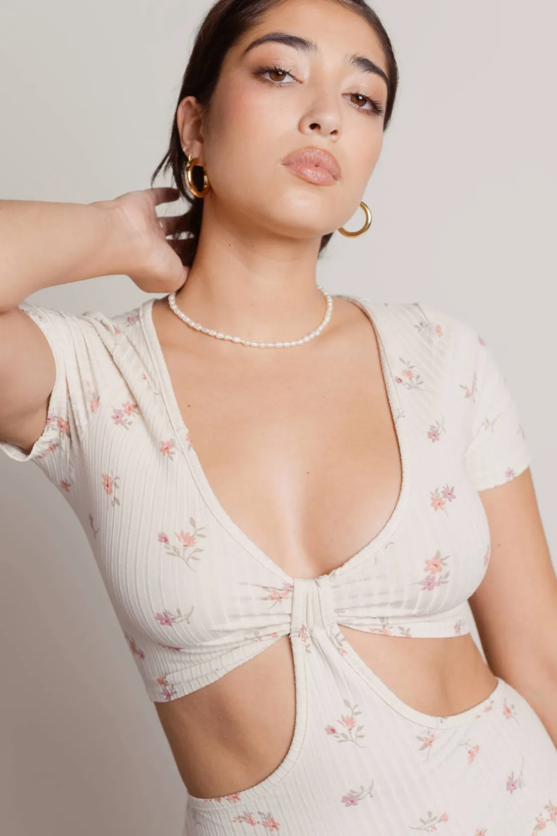 Tobi Bring It Floral Cutout Mini Dress - Ivory Multi