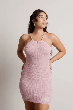 Tobi Bubble Gum Ribbed Knit Halter Mini Dress -