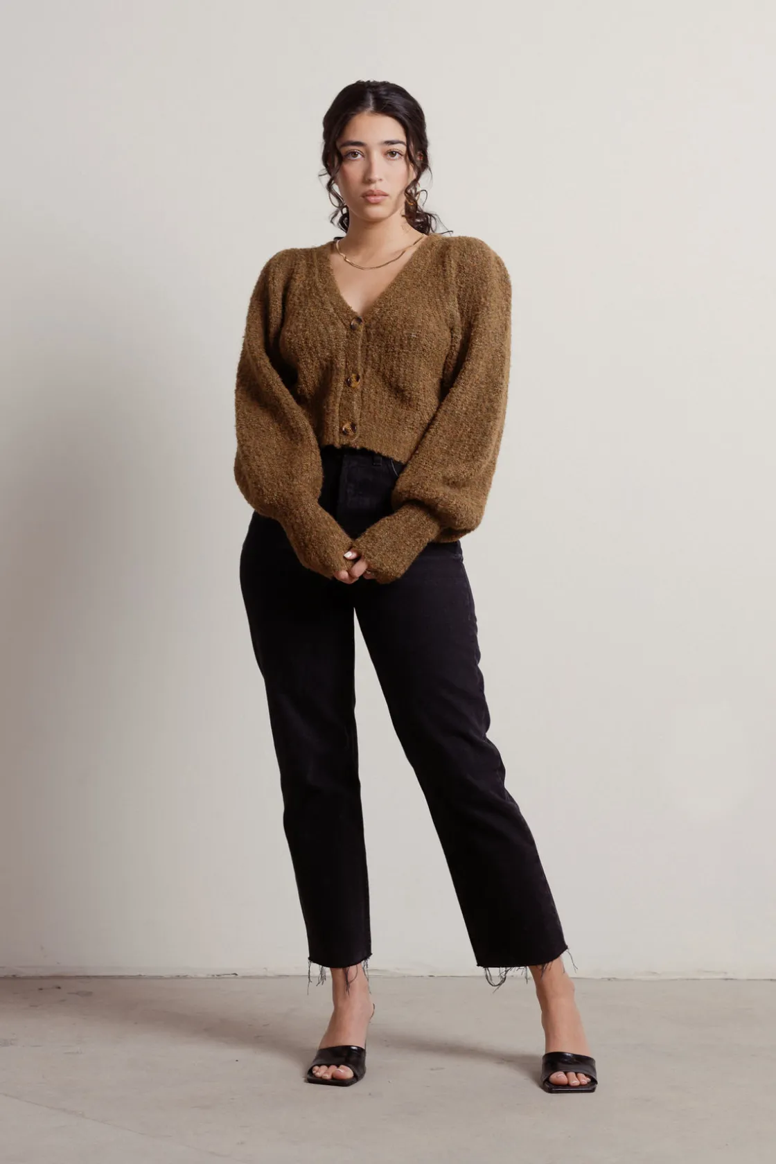 Tobi Caffeine Addict Balloon Sleeve Cardigan -