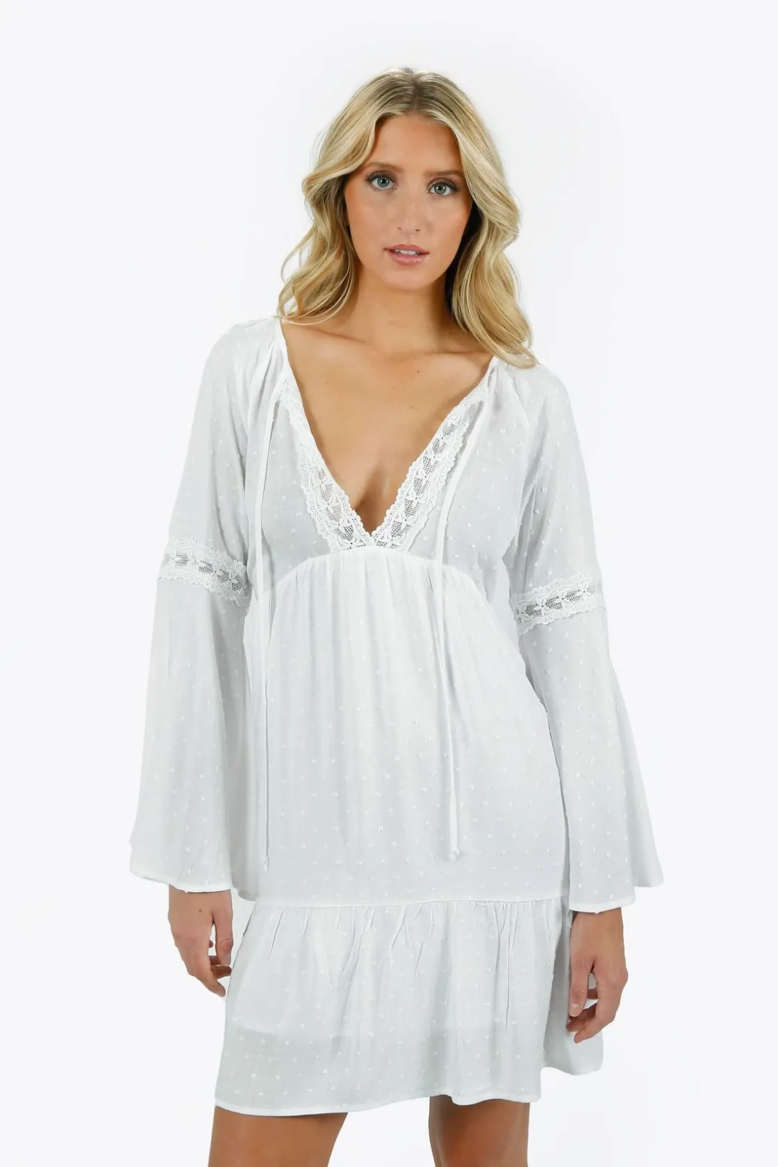 Tobi Carmilla Lace Bell Sleeve Mini Dress -