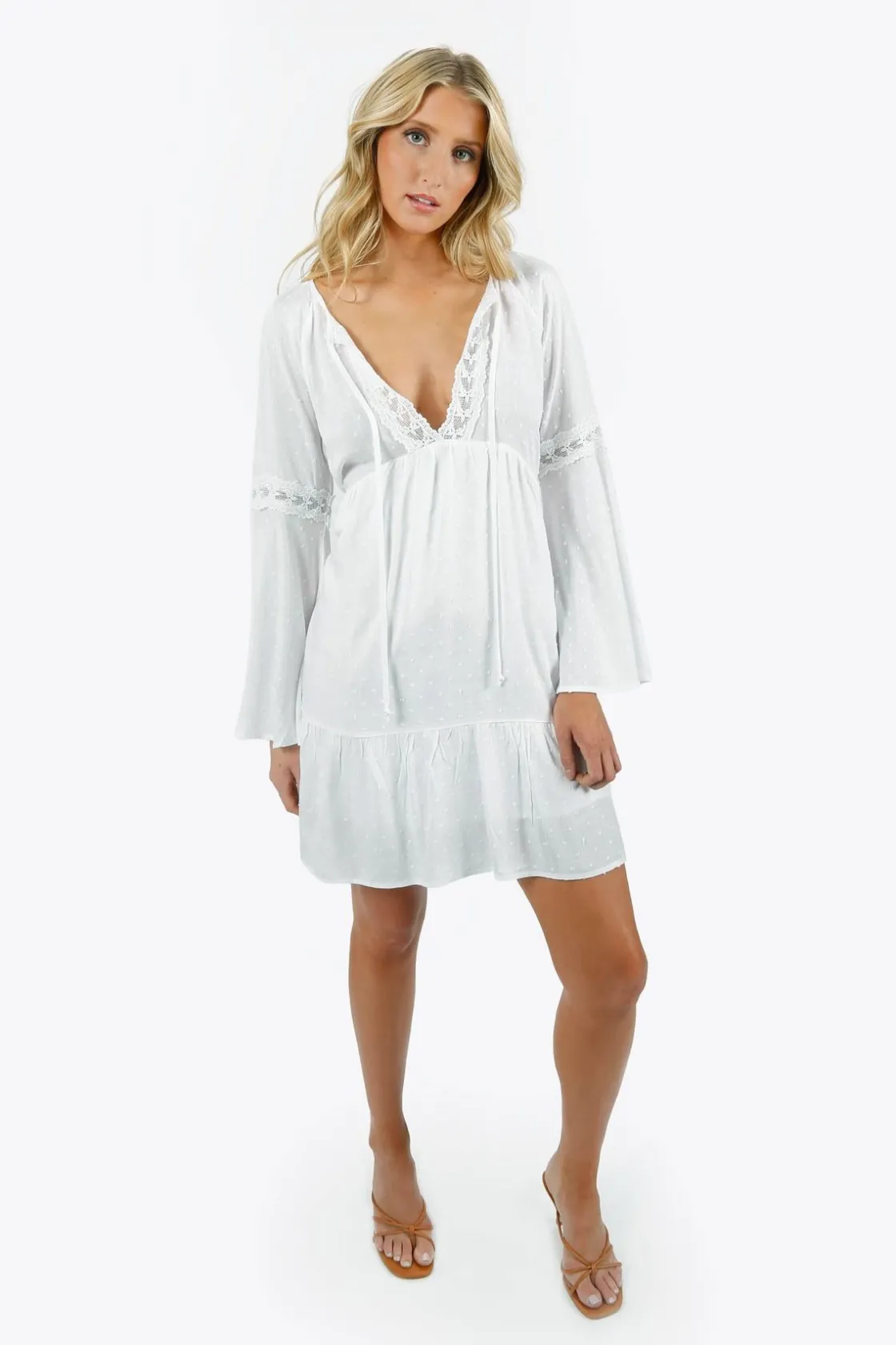 Tobi Carmilla Lace Bell Sleeve Mini Dress -