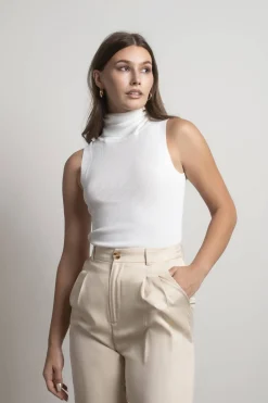 Tobi Cassie Ivory Ribbed Turtleneck Sleeveless Top