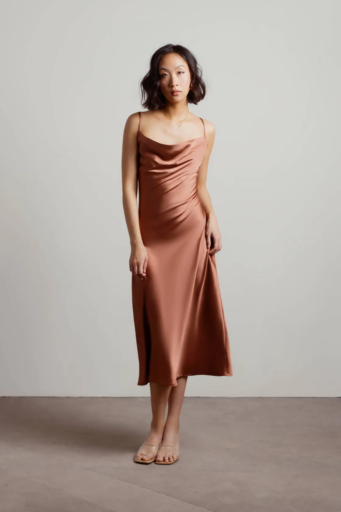 Tobi Cassie Satin Cowl Neck Midi Dress - Slate