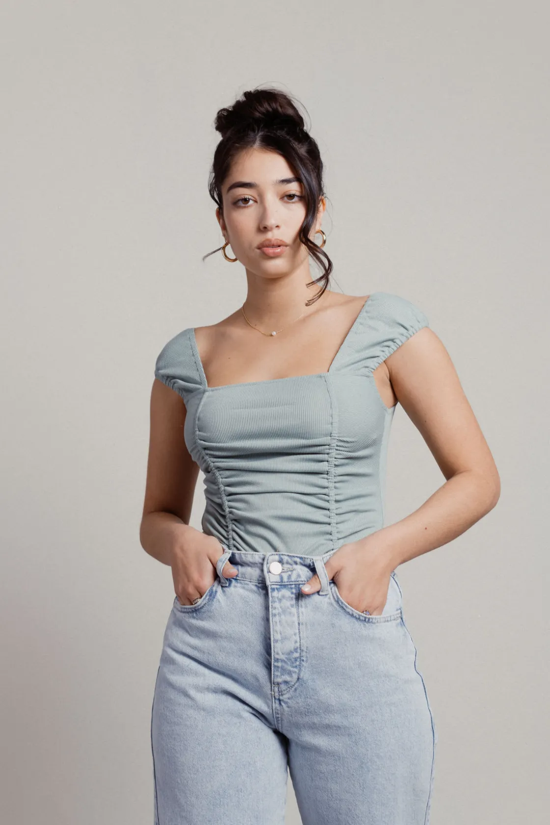 Tobi Chanelle Ruched Bodysuit - Ribbed Green