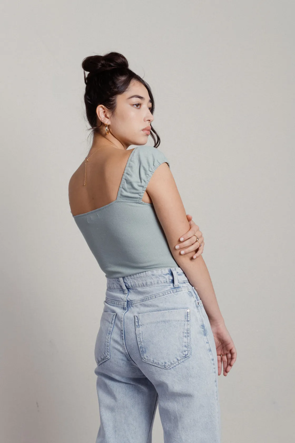 Tobi Chanelle Ruched Bodysuit - Ribbed Green