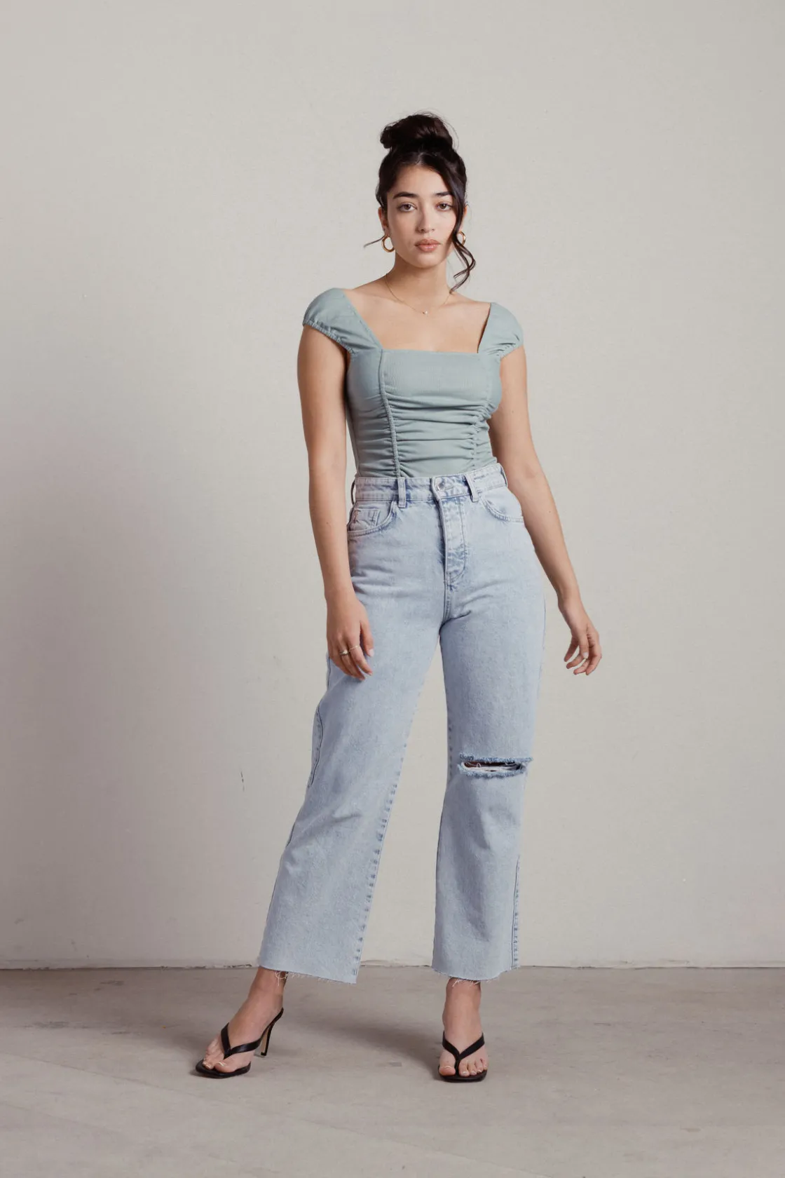 Tobi Chanelle Ruched Bodysuit - Ribbed Green