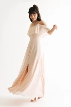 Tobi Charlene Off The Shoulder Slit Maxi Dress - Cream