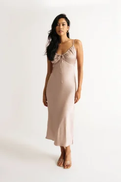 Tobi Christine Satin Lace Trim Ruched Slip Midi Dress