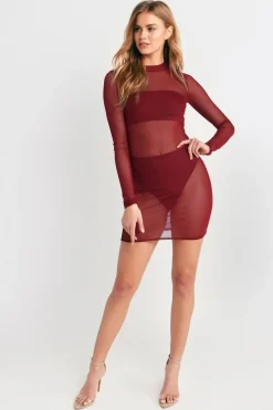 Tobi Ciara Mesh Bodycon Dress Set - Wine