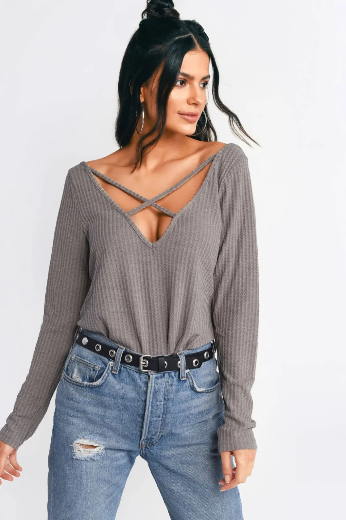 Tobi Cross My Heart Criss Cross Top - Taupe