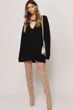 Tobi Don't Let Me Down Plunging Sweater Mini Dress - Toast