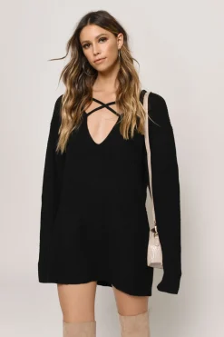 Tobi Don't Let Me Down Plunging Sweater Mini Dress - Toast