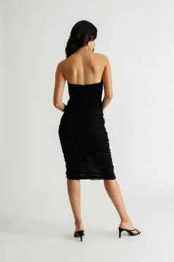 Tobi Dreamy State Black Strapless Ruched Midi Dress