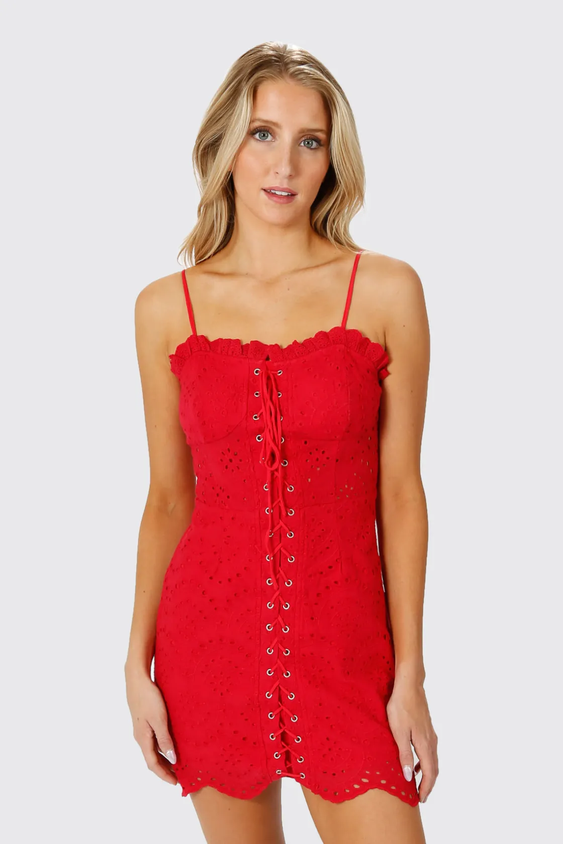 Tobi Elsa Lace Up Eyelet Mini Dress -
