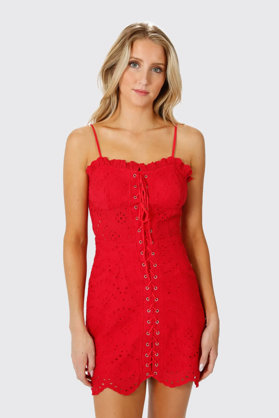 Tobi Elsa Lace Up Eyelet Mini Dress -