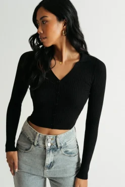 Tobi Emilee Black Ribbed Collared Sweater Top