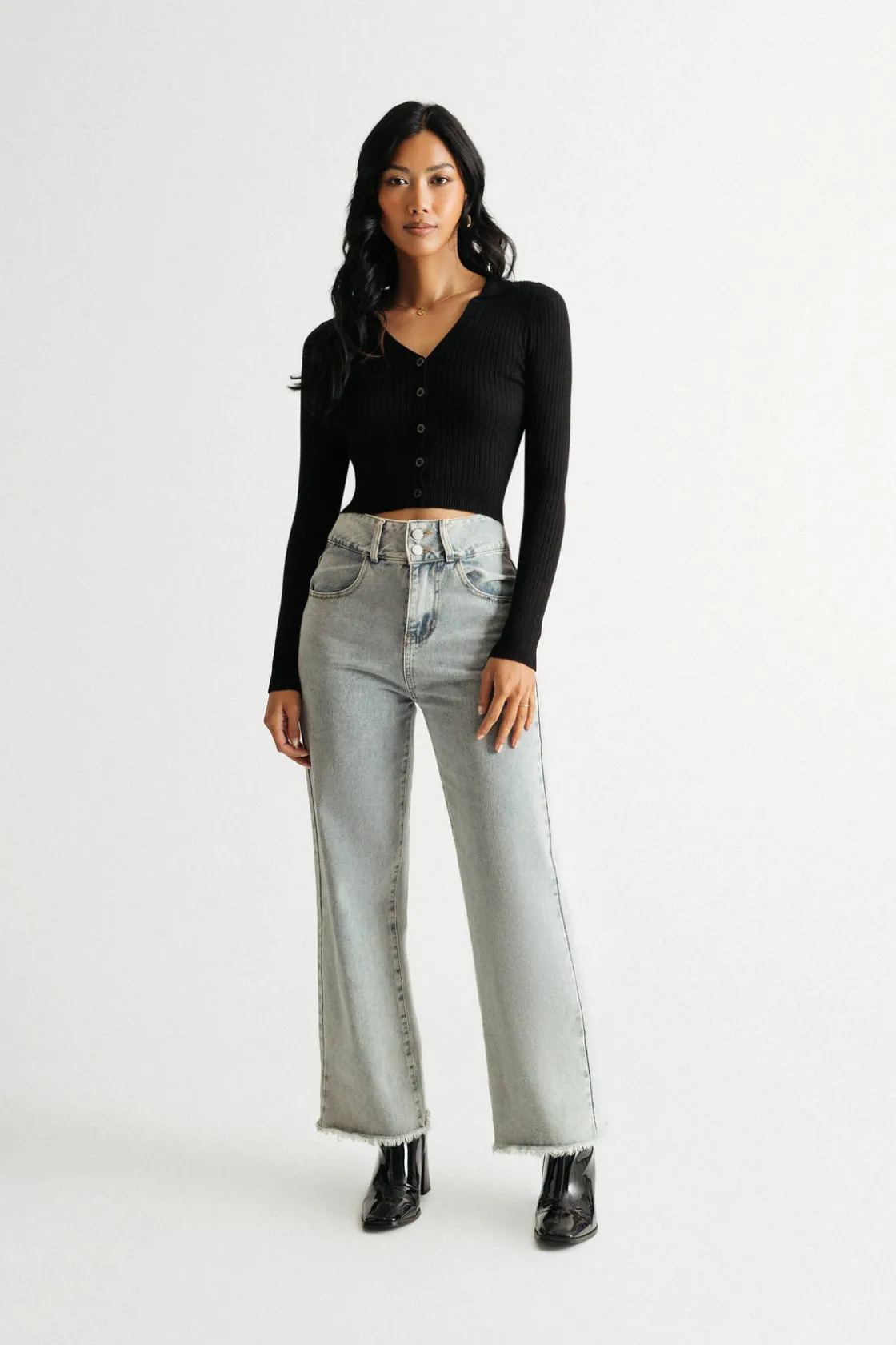 Tobi Emilee Black Ribbed Collared Sweater Top