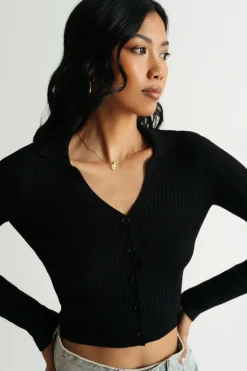 Tobi Emilee Black Ribbed Collared Sweater Top
