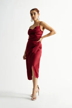 Tobi Emma Satin Cowl Neck Midi Dress - Copper