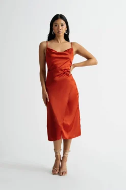 Tobi Emma Satin Cowl Neck Midi Dress - Copper