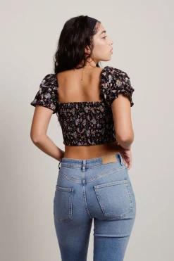 Tobi Falling Petals Crop Top - Black Multi