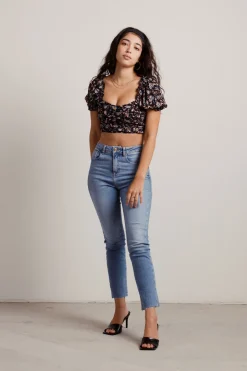Tobi Falling Petals Crop Top - Black Multi