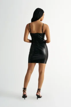 Tobi Fastball Faux Leather Bodycon Mini Dress - Beige