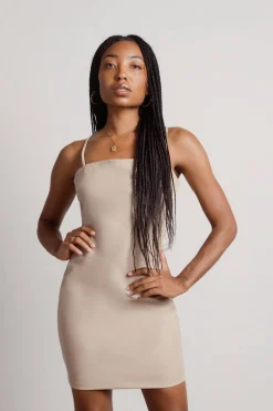 Tobi Fastball Faux Leather Bodycon Mini Dress - Beige