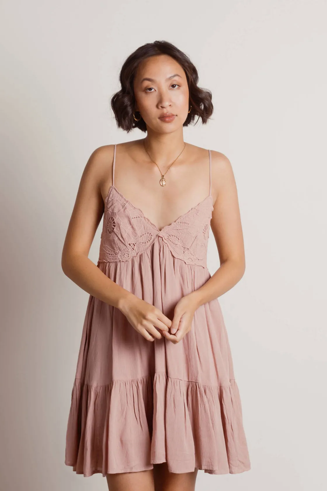 Tobi Feeling Good Cross Back Tiered Mini Dress - Rose