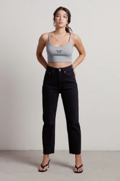 Tobi Free Butterfly Embroidered Crop Top - Heather Grey