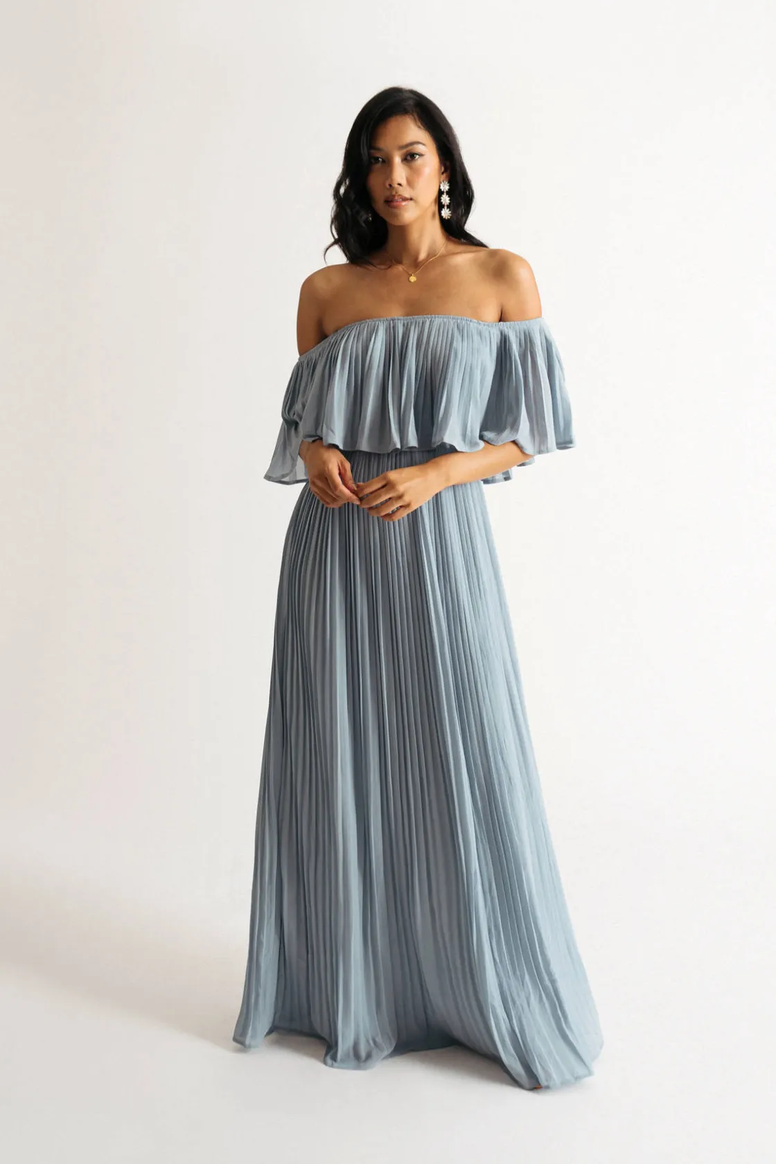 Tobi Free Spirited Pleated Off The Shoulder Maxi Dress - Blue