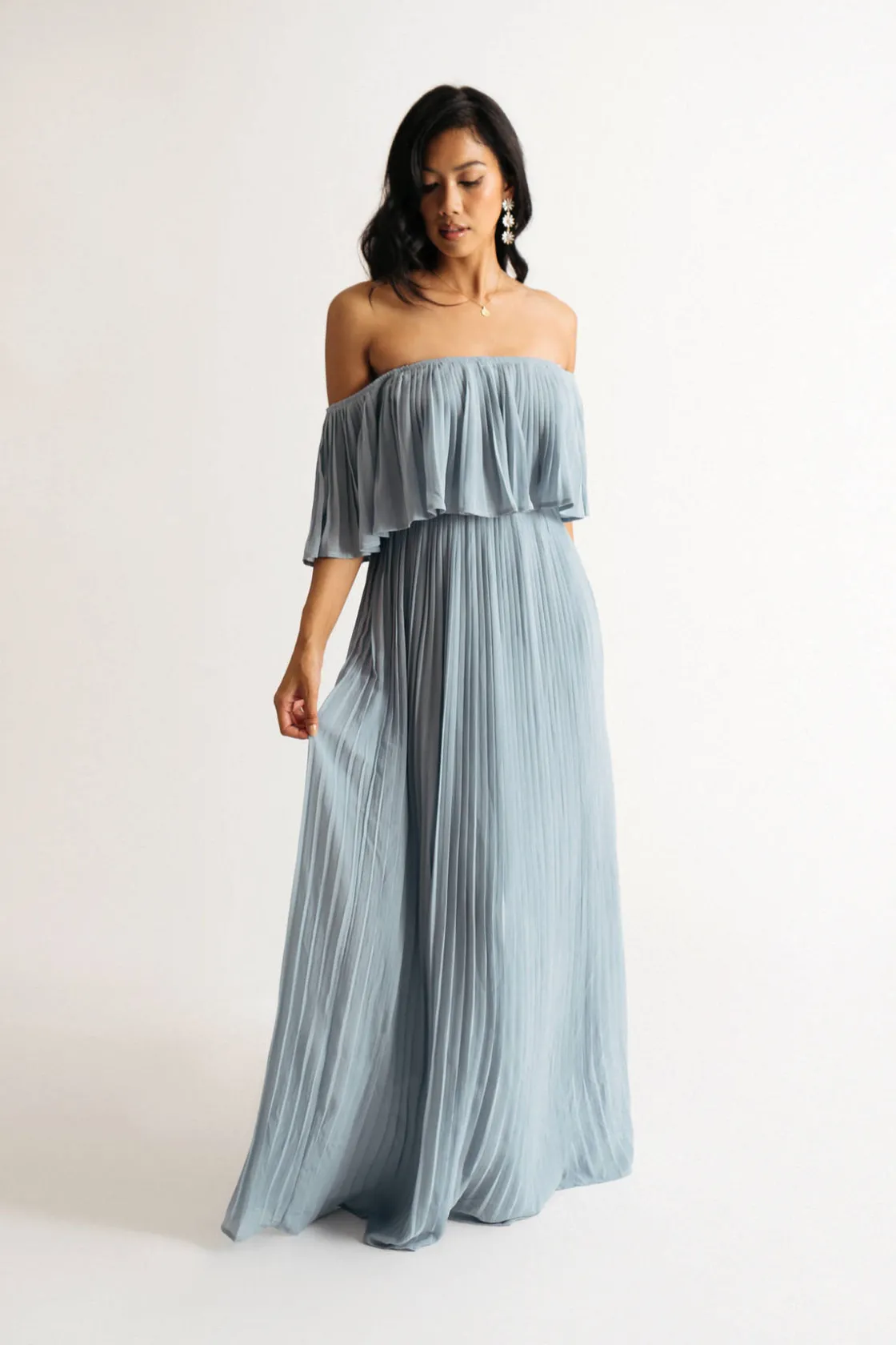 Tobi Free Spirited Pleated Off The Shoulder Maxi Dress - Blue