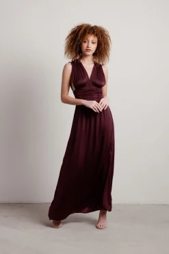 Tobi Goddess Satin Smocked Maxi Dress - Burgundy